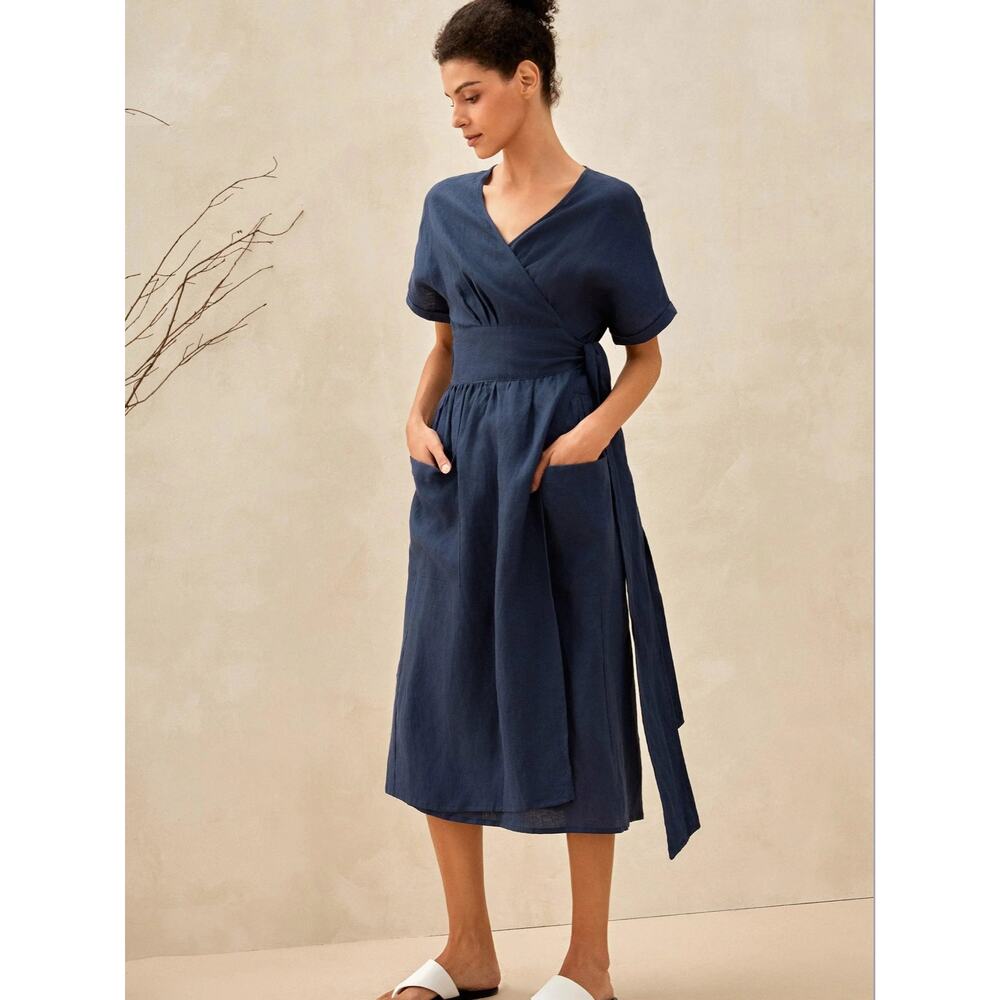 Lintico Navy Blue 100% Linen Celeste Kikono Wrap Dress  w/ Pockets XL